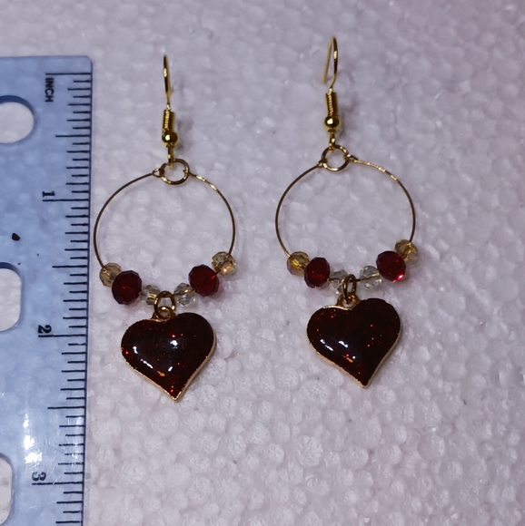 Earrings Enameled Red heart charm & crystals on gold-plated wire ring & earwire. - Picture 5 of 6